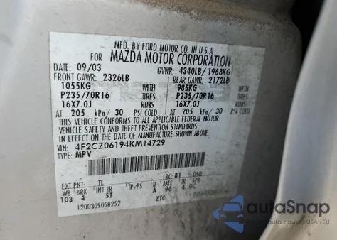 2004 Mazda Tribute Es из США, поврежденный, VIN 4F2CZ06194KM14729